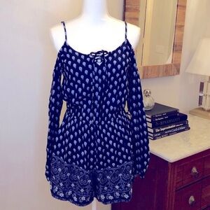 Hollister Romper Cold Shoulder Skort Long Sleeve Front Lace up Tie